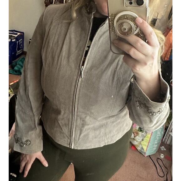 Pamela McCoy 100% Suede Leather Gray Beaded Sequin Zip Jacket Size Large - Picture 13 of 13